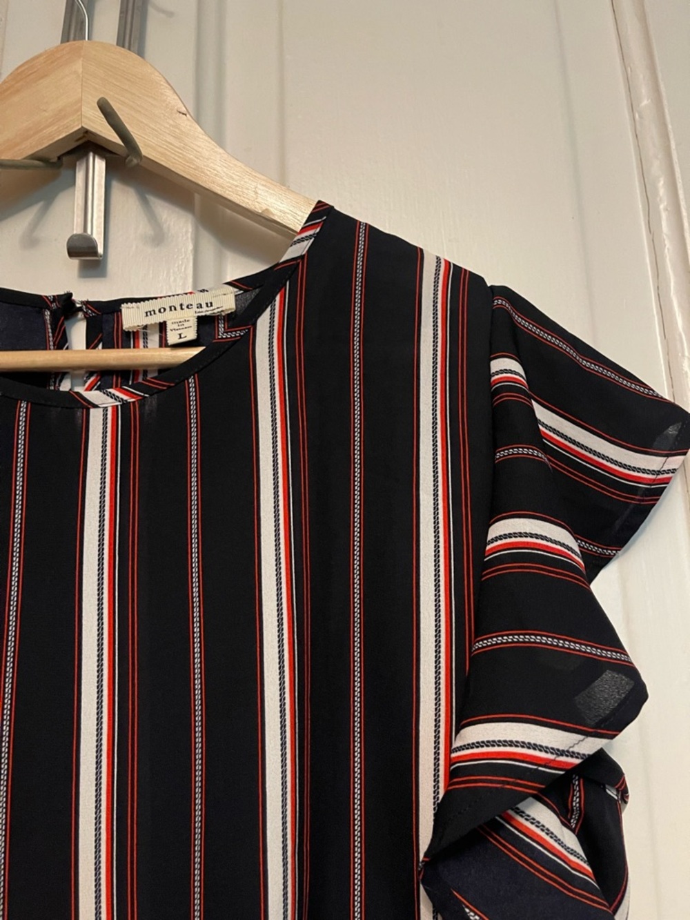 Monteau Navy, White & Red Striped Ruffle Tie-Front Blouse